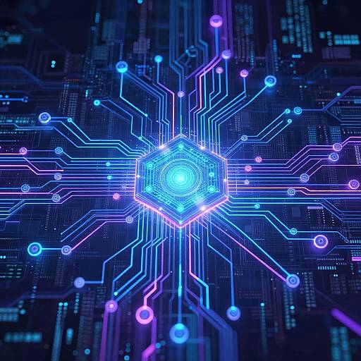 Neon blue and purple digital circuit diagram with glowing hexagon center and branching lines, set against a dark, textured background. Cybernetic, futuristic