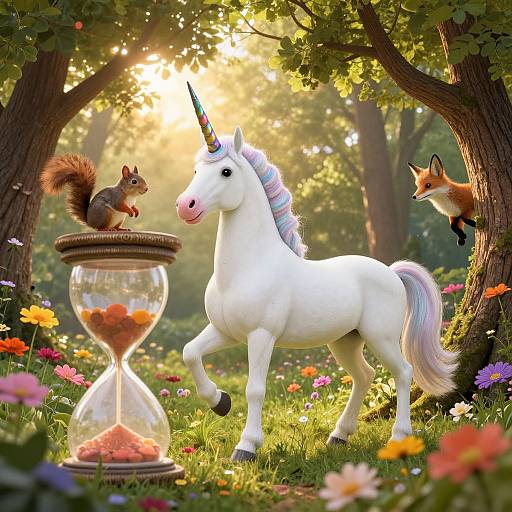 Photorealistic CGI: White unicorn with rainbow mane, standing in sunlit forest, surrounded by flowers. Squirrel on hourglass, fox mid-flight