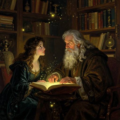 A magical, illuminated scene of an elderly wizard with a white beard and a young woman with curly hair, reading a glowing book in a dimly lit