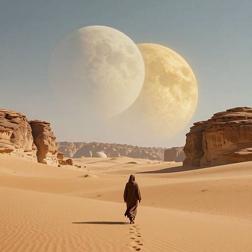 Photograph of a lone figure in a hooded cloak walking through a desert with two large, bright moons in a clear blue sky. Sandy dunes