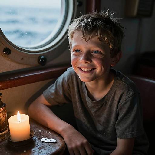 Photograph of a young boy with messy blonde hair, smiling, wearing a gray shirt, sitting by a lit candle in a dimly lit ship cabin