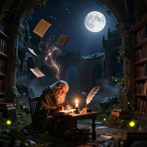 Mystical Nightscape in Ancient Library