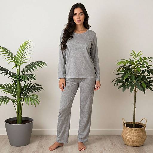 Photograph of a dark-haired woman in gray long-sleeve top and pants, standing barefoot between two potted plants against a white wall.