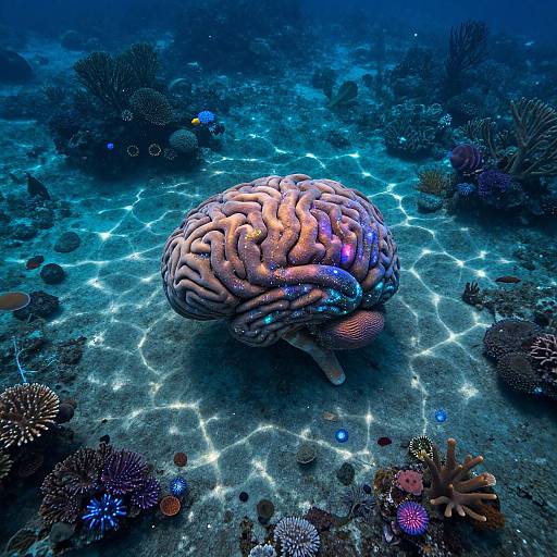 Photograph of a bioluminescent, pink and blue brain coral with intricate textures, surrounded by dark corals and glowing underwater light patterns.