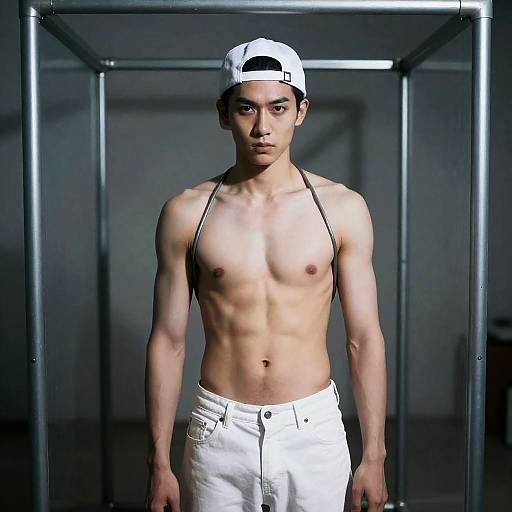 Intense Shirtless Man in Translucent Cage