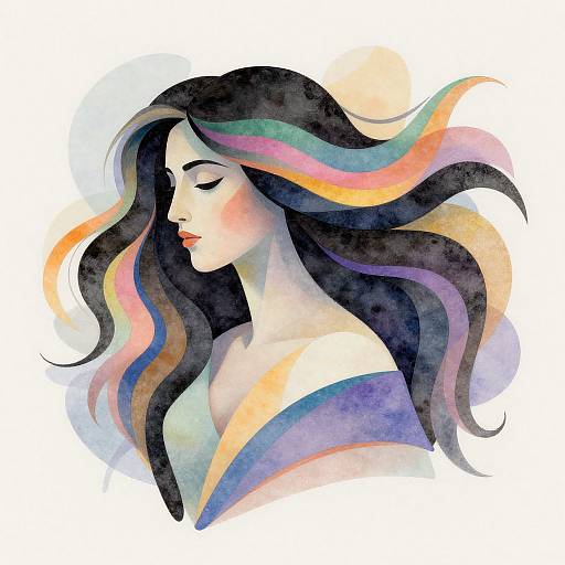Digital watercolor portrait of a serene woman with long, flowing black hair featuring vibrant pink, blue, and yellow streaks, wearing a pastel off