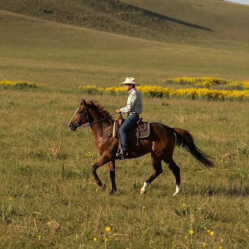 Lone Cowboy Riding Through Wildflowers