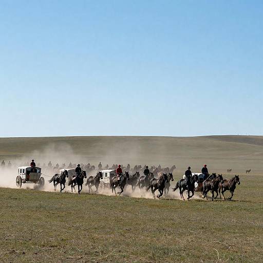 Dusty Herd of Black Horses and Wagons