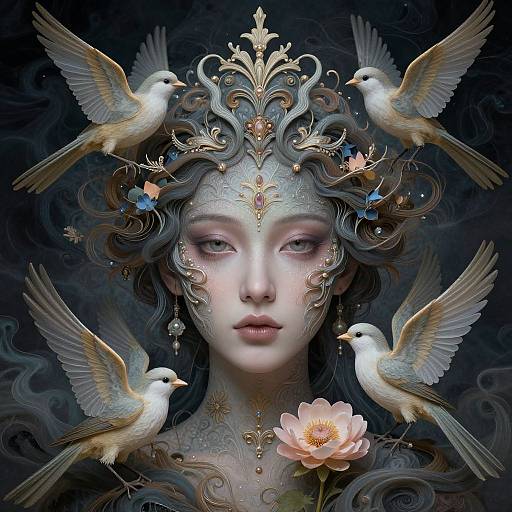 Digital artwork of a pale-skinned, ethereal woman with ornate, gold headpiece, surrounded by four white doves, and a pink flower