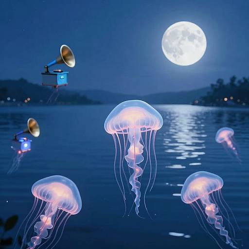 Photograph of glowing jellyfish floating on a moonlit lake, with two flying cameras in the night sky, reflecting off the water.