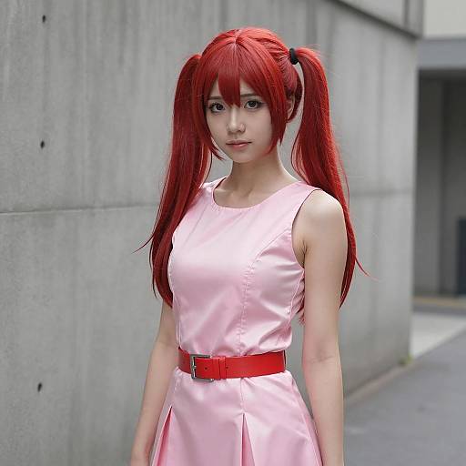 Young Woman in Red Twin Pigtails Cosplay