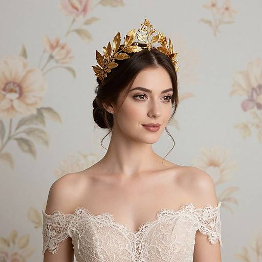 Photograph of a fair-skinned woman with dark hair, wearing a gold leaf crown and an off-shoulder white lace dress, set against a