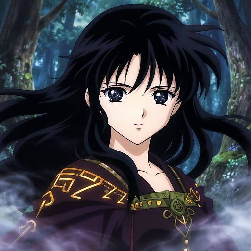 Anime-style digital illustration of a serious young woman with long black hair, wearing ornate dark armor, set in a misty forest.