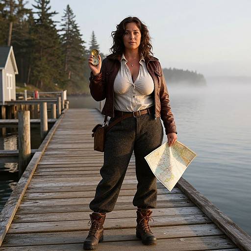 Photograph of a curly-haired woman with large breasts, wearing a brown leather jacket, white shirt, and brown pants, holding a map and compass on