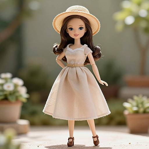 Photograph of a doll with long black hair, wearing a beige dress, straw hat, and brown shoes, standing in a sunny garden with potted