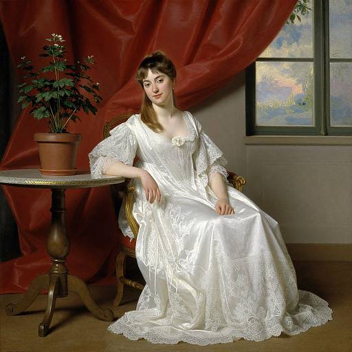 Photograph of a fair-skinned woman with brown hair in a white lace Victorian dress, seated by a potted plant and window, against red draped