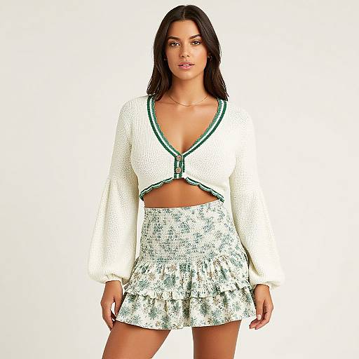 Photograph of a young woman with dark hair, wearing a white, long-sleeve, V-neck crop top with green trim, and a white