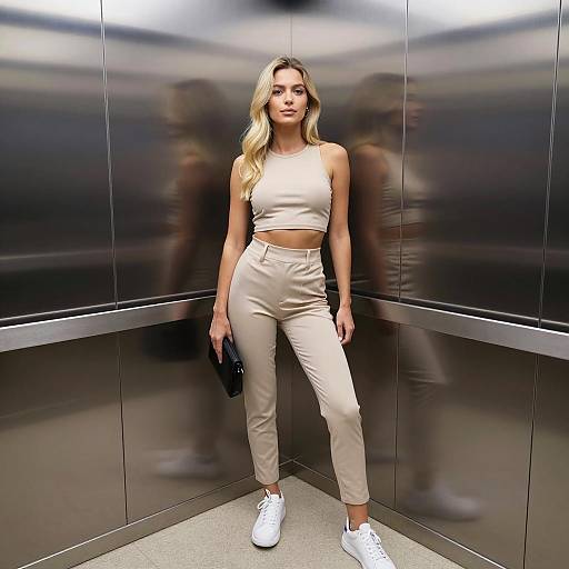 Blonde Woman in Elevator Reflection