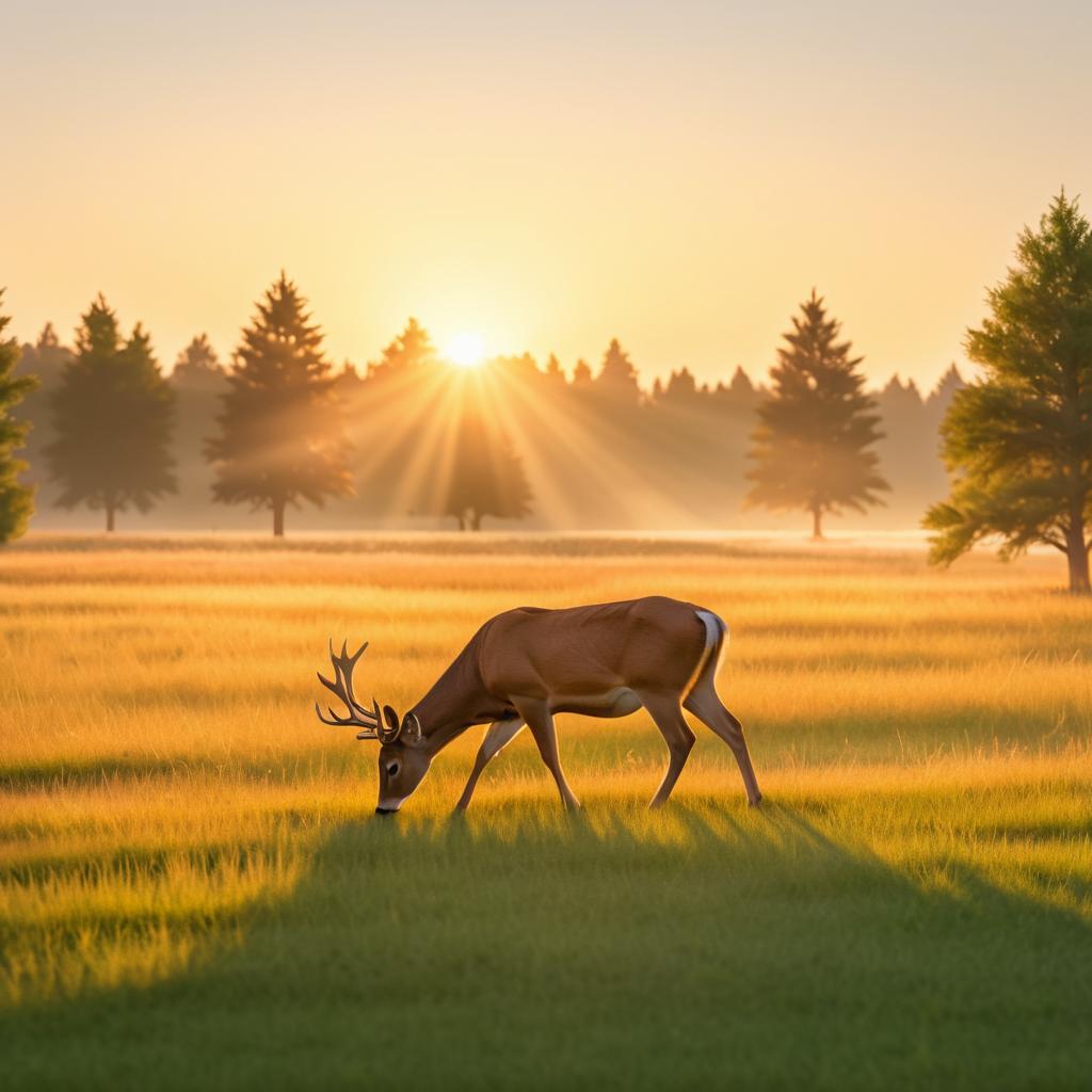 Serene Sunset Meadow with Grazing Deer