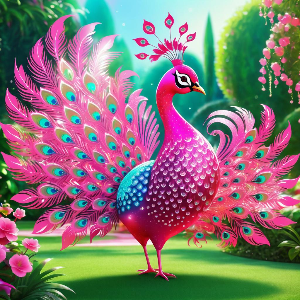 Whimsical Pink Peacock Dancing in Garden