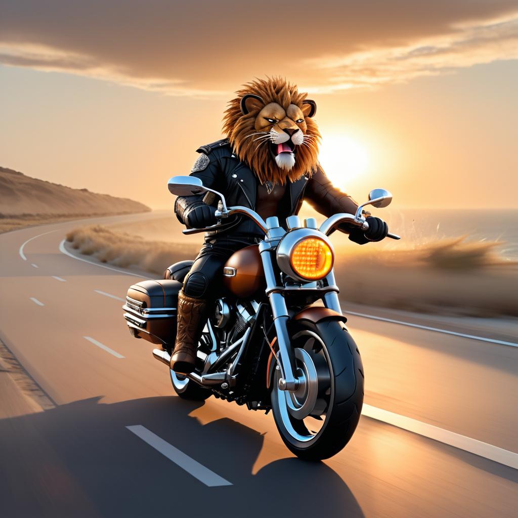 Epic Biker Lion on Harley at Sunset