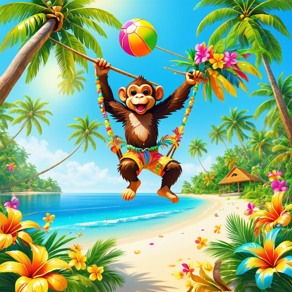 Vibrant Tropical Scene with Mischievous Monkey