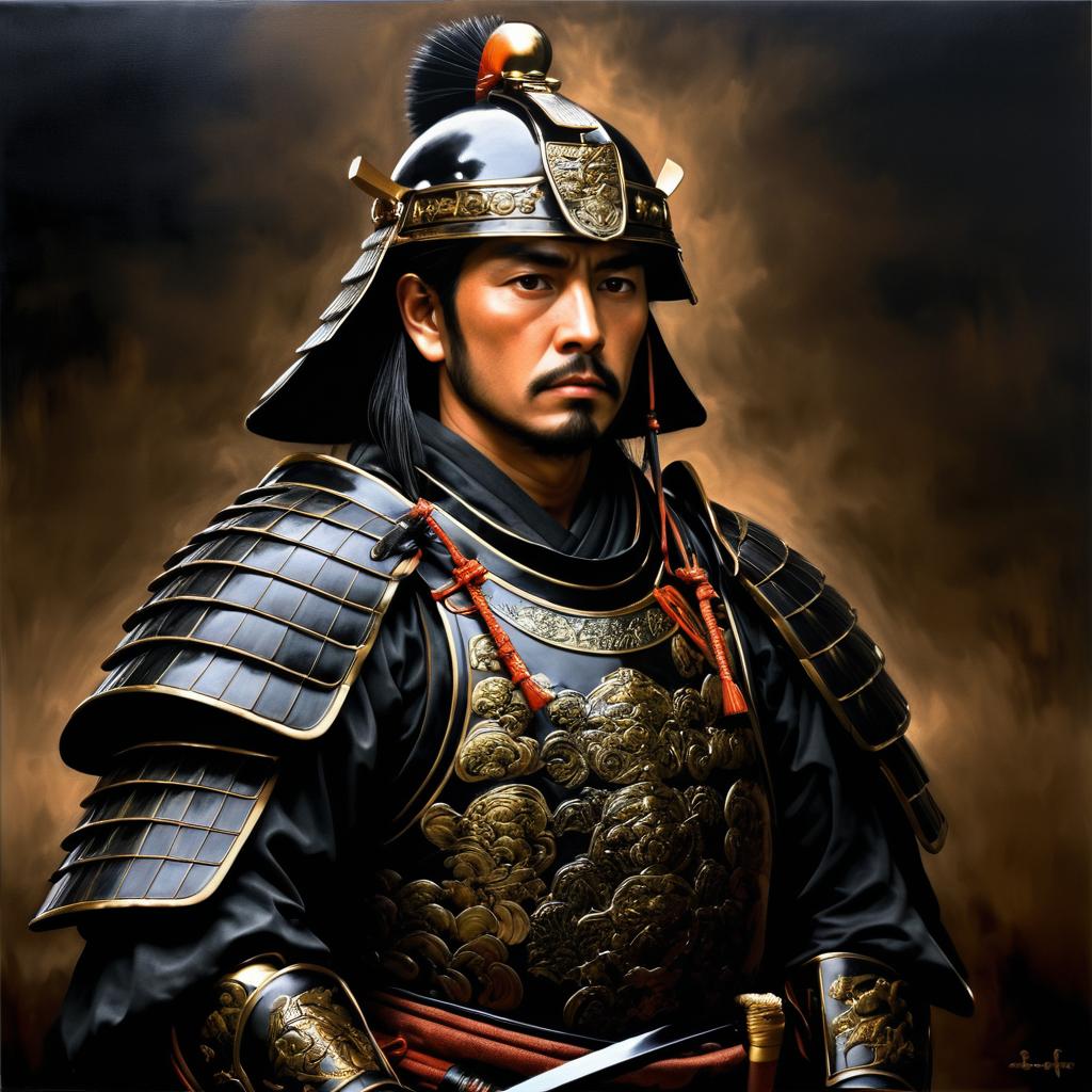 Stoic Samurai in Dramatic Oil Painting