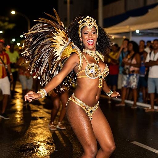Photograph of a radiant Black woman in gold bikini with feathered wings, sparkling jewelry, and red lipstick, dancing at a nighttime street parade with a