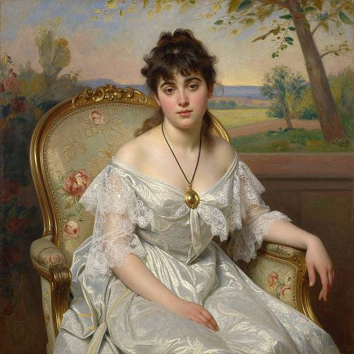 Photorealistic painting of a fair-skinned woman with dark curly hair, wearing a white lace off-shoulder dress and gold pendant, seated in