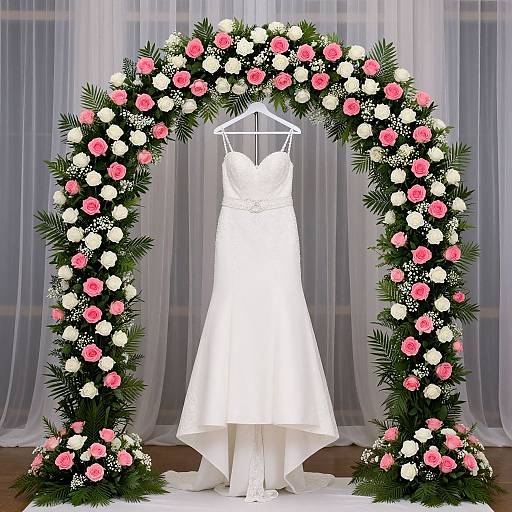 Photograph of a white strapless wedding dress hanging on a white hanger, centered in an ornate floral arch with pink and white roses, green