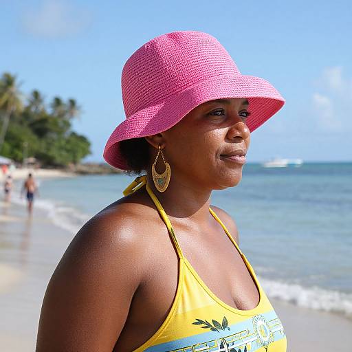 Photograph of a smiling Black woman with dark skin, wearing a pink bucket hat, yellow halter top, and large gold earrings, standing on a