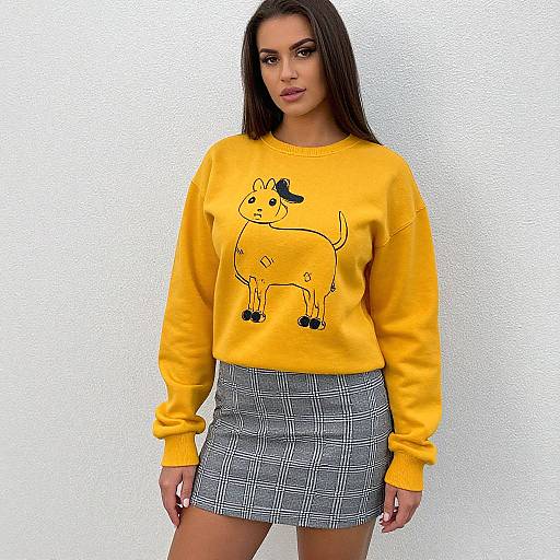 Photograph of a young woman with long dark hair, wearing a bright yellow sweater with a black line drawing of a dog, and a gray plaid