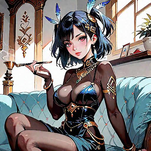 Anime-style digital illustration of a blue-haired woman with butterfly hair accessories, wearing a black, gold-accented, sheer dress, smoking a hookah