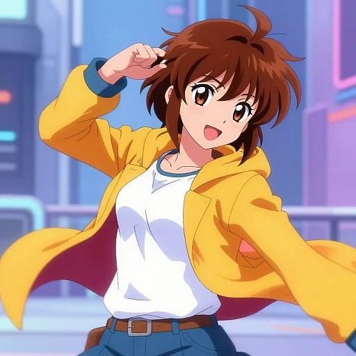 Digital anime-style illustration of a brown-haired girl with large eyes, wearing a yellow jacket over a white shirt, blue pants, and a belt, standing