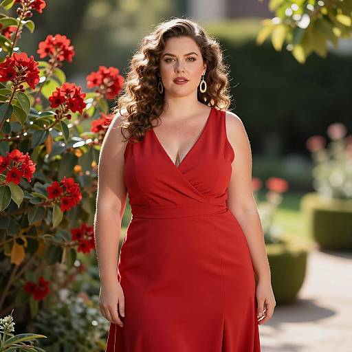 Plus Size Woman in Red Formal Dress in Garden