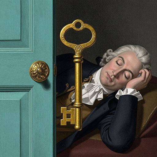 Digital illustration of a sleeping 18th-century man with white hair, holding a large golden key, leaning on a teal door.