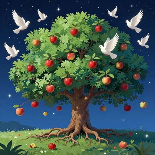 Surreal Apple Tree Under Starry Sky