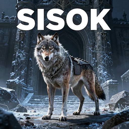 Photograph of a fierce wolf with a chained collar, standing in a snowy, ruined Gothic archway, with 