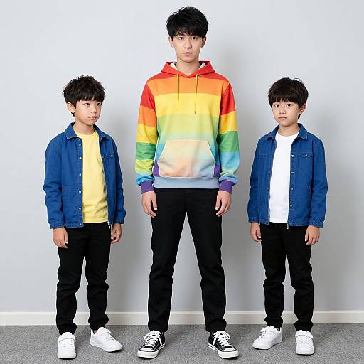 Photograph of three Asian boys standing against a white wall; central boy wears rainbow hoodie, flanked by two in blue jackets and yellow shirts.
