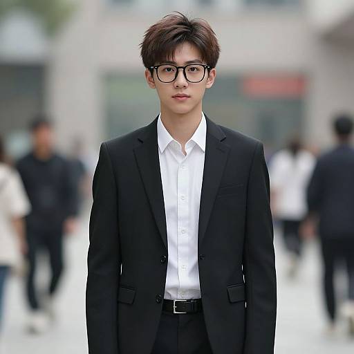 Photograph of an Asian male model with short, dark hair, wearing black-rimmed glasses, a black suit, and white shirt, standing in