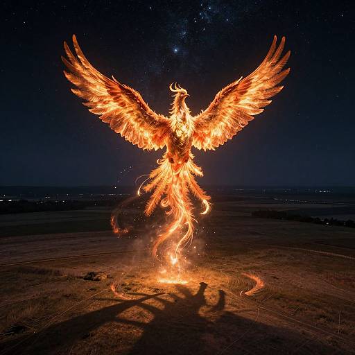 Photograph of a fiery phoenix with outstretched wings, glowing orange and yellow, standing on a dark, starry night landscape.