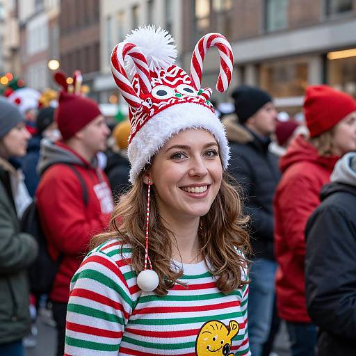 Photograph of a smiling woman with brown hair, wearing a festive red and white candy cane hat and green and red striped shirt, standing in a crowded