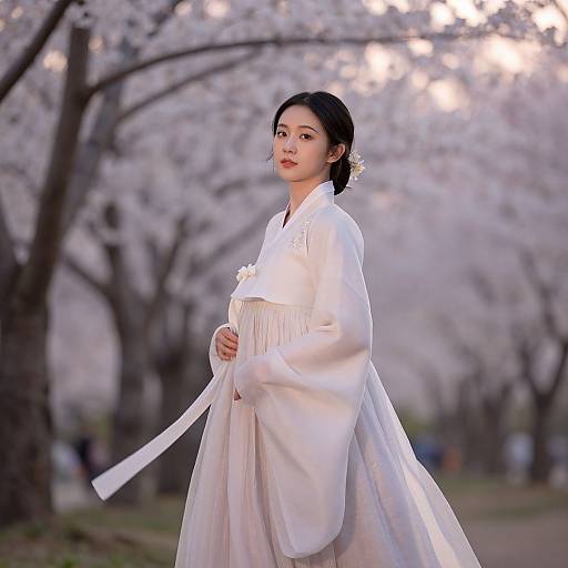 Photograph of an East Asian woman with dark hair in a white traditional Korean hanbok, standing in a cherry blossom-lined path at dusk.