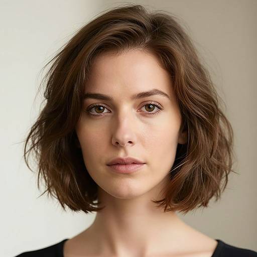 Photograph of a fair-skinned woman with short, wavy brown hair, brown eyes, and neutral expression, wearing a black top against a soft