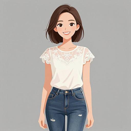 Digital anime-style illustration of a smiling young woman with short brown hair, wearing a white lace top and blue jeans.