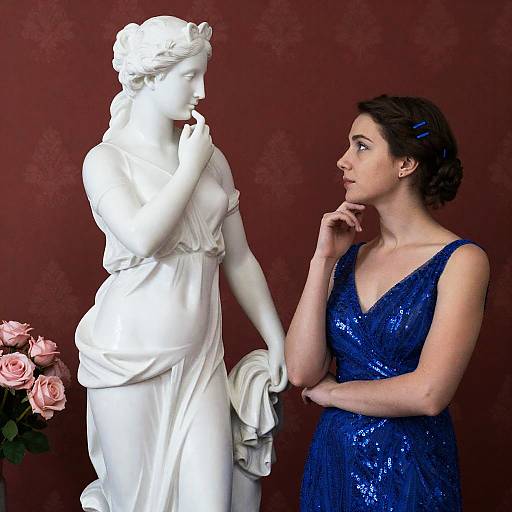 Elegant Woman by Classical Statue