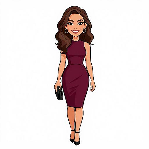 Digital illustration of a smiling woman with long brown hair, wearing a sleeveless maroon dress, black heels, and holding a black clutch, standing against