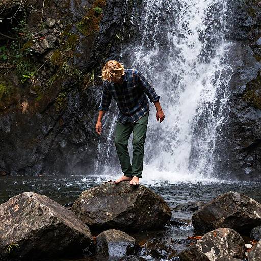 Man Balancing on Rocks by Waterfall