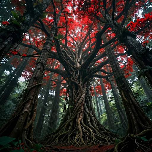 Photograph of a dense forest with a massive tree featuring thick, intertwined roots and vibrant red leaves, set against a dark, misty background.