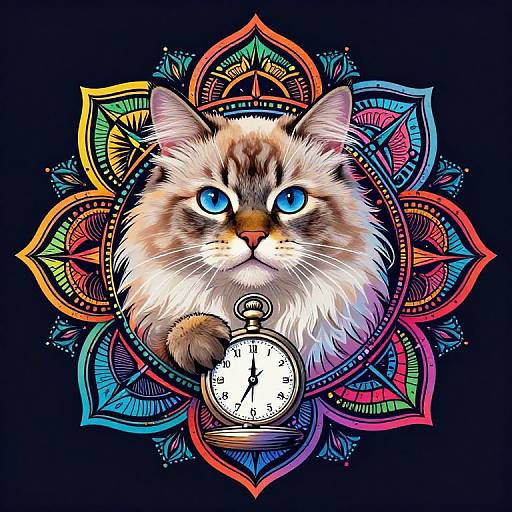 Vibrant digital illustration of a fluffy, blue-eyed cat with a clock in front, surrounded by colorful, intricate mandala patterns on a dark blue